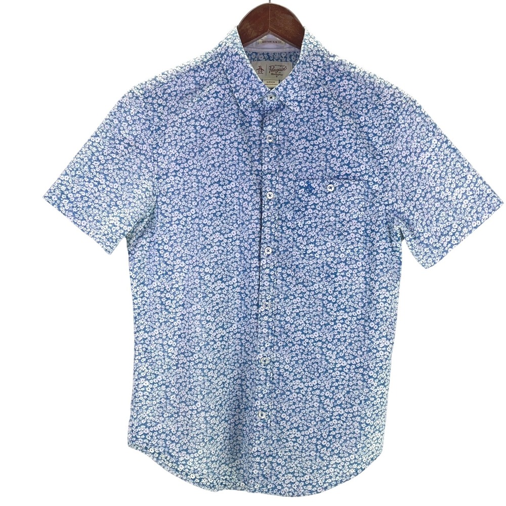 Original Penguin Mens Button Down Shirt S Blue Floral Heritage Slim Fit‎ Preppy